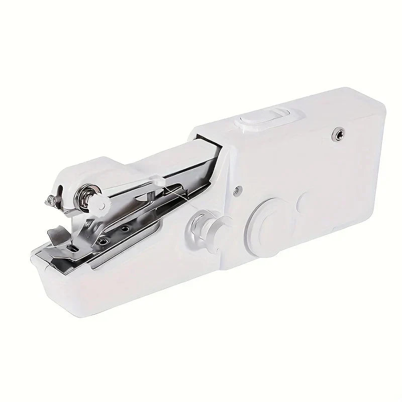 White handheld portable sewing machine, shown at an angle against a plain white background.