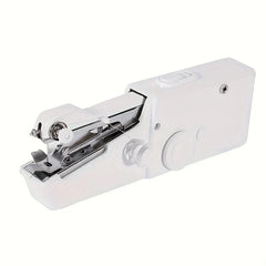 White handheld portable sewing machine, shown at an angle against a plain white background.