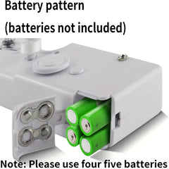 Handheld sewing machine battery compartment open with 4 AA batteries, text notes batteries not included
