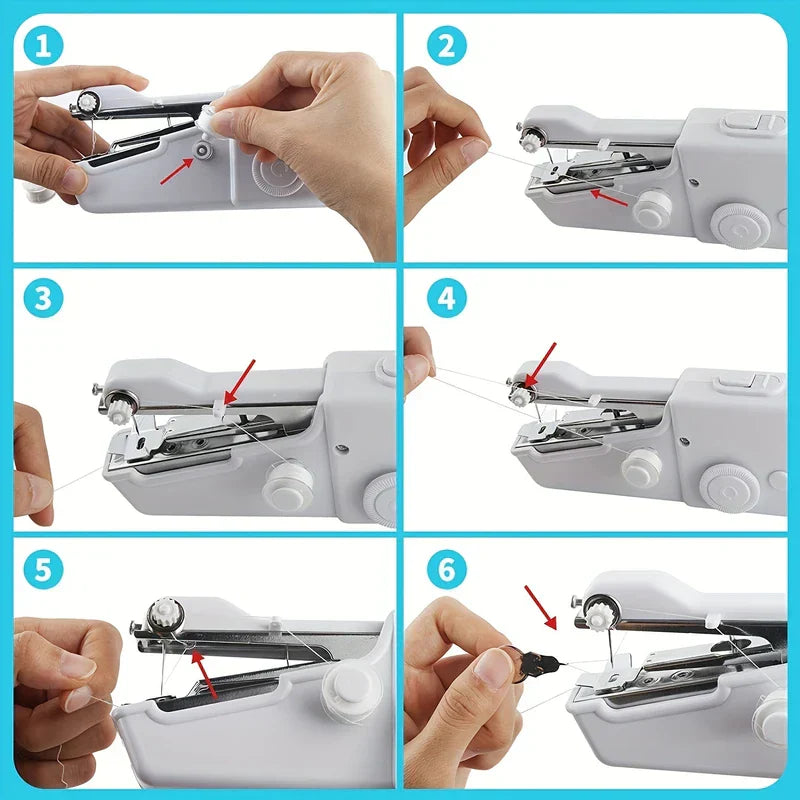 Portable Sewing Machine - Six-step instructional diagram showing how to thread a handheld sewing machine, with red arrows pointing to relevant parts.