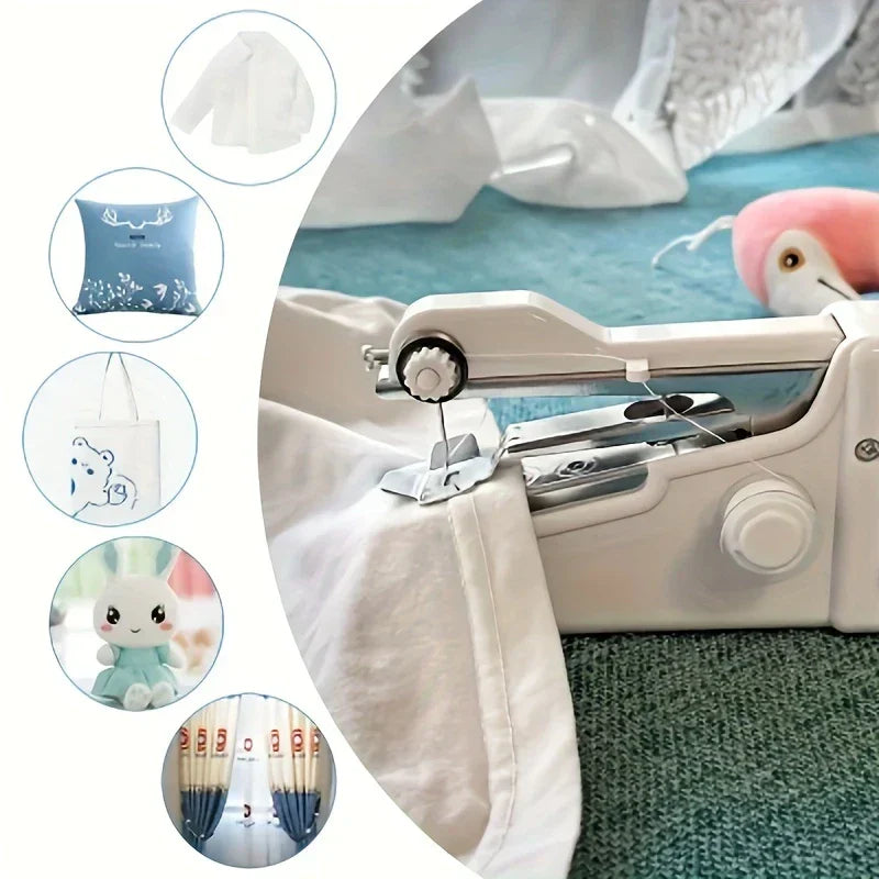 Portable Sewing Machine - Handheld sewing machine stitching white fabric, with circular insets showing example sewn items alongside.