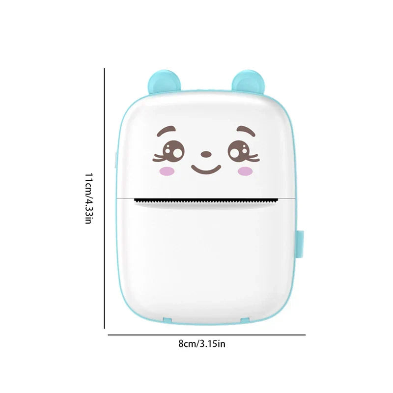 Thermal Printer - White and light blue cartoon mini printer with bear ears, smiling face, measuring 11cm tall by 8cm wide