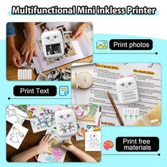 thermodrucker - Infografik mit einem weißen und rosa Katzenohren-Minidrucker, der Foto-, Text- und Druckinhalte demonstriert, mit gedruckten Beispielen