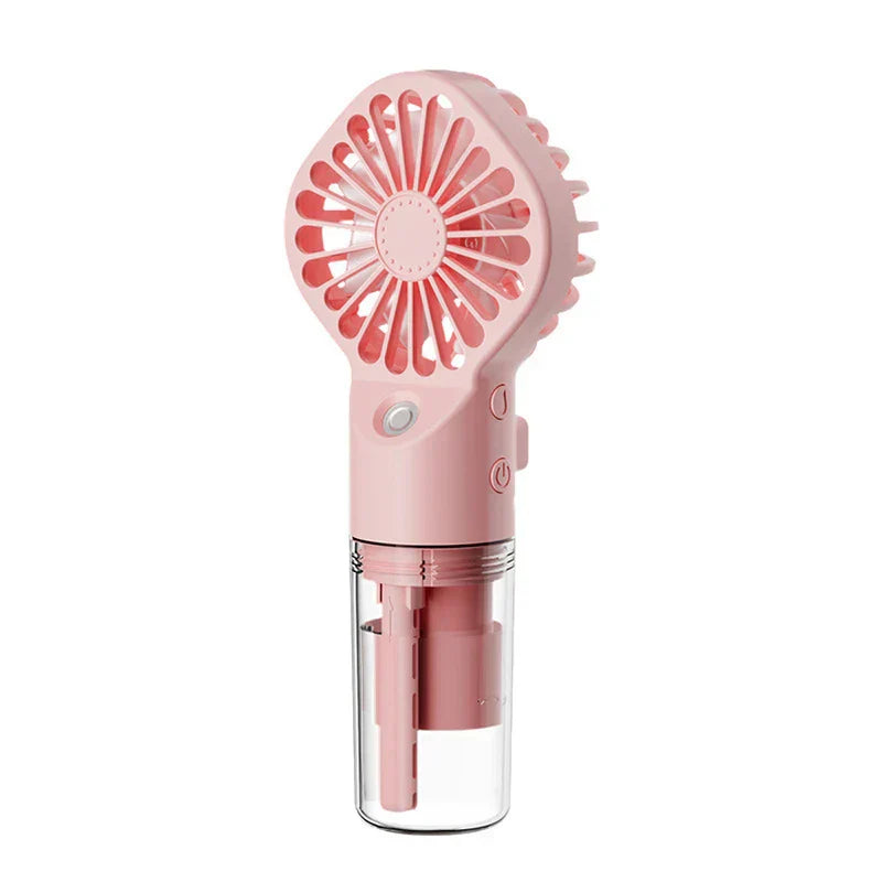 ventilador usb - Ventilador portátil de mano rosa sobre fondo blanco liso, vista frontal con botones de control laterales visibles.