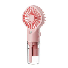ventilador usb - Ventilador portátil de mano rosa sobre fondo blanco liso, vista frontal con botones de control laterales visibles.