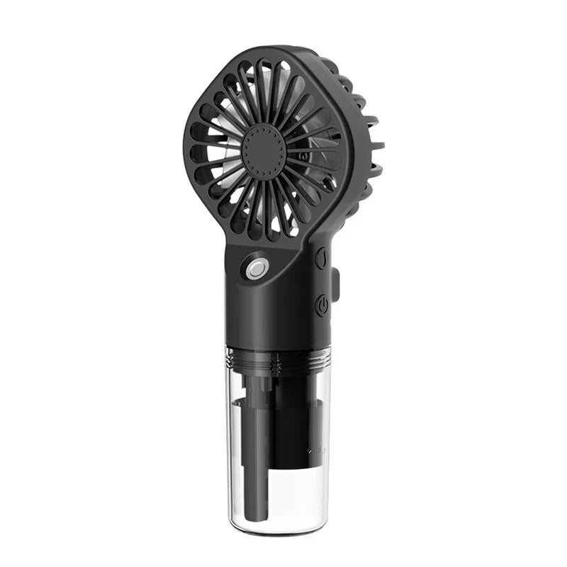 ventilador usb - Ventilador de mano negro con función de nebulización, depósito de agua de plástico transparente, botones de control y rejilla sobre fondo blanco.