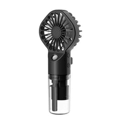ventilador usb - Ventilador de mano negro con función de nebulización, depósito de agua de plástico transparente, botones de control y rejilla sobre fondo blanco.
