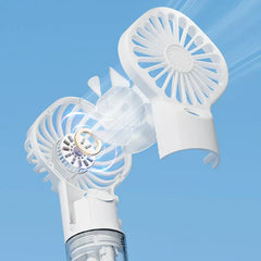 Usb Fan - Exploded view of white handheld fan showing separated fan grill, blade, and internal motor components.