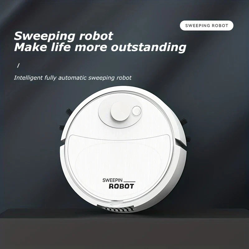 Robot Vacuum & Mop - White round compact cleaning device displayed on a dark surface with marketing text highlighting fully automatic operation