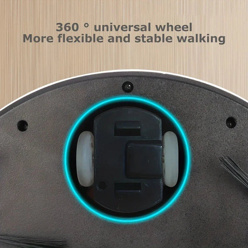 Robot Vacuum & Mop - Close-up of a robot vacuum's 360-degree universal wheel with descriptive text above it