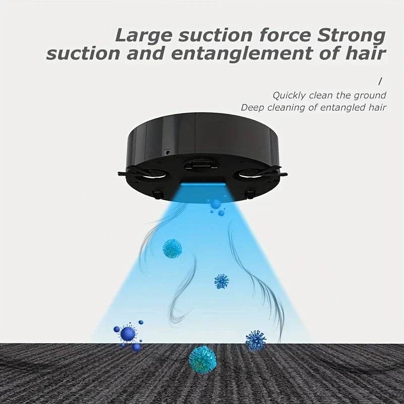 Robot Vacuum & Mop - Underside view of a black robotic vacuum, visualizing suction pulling hair and particles from carpet
