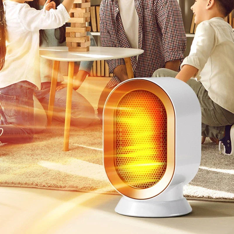 calefactor de ambiente - Calefactor que emite calor brillante y cálido, ubicado en una sala de estar familiar con una familia jugando un juego de bloques al fondo