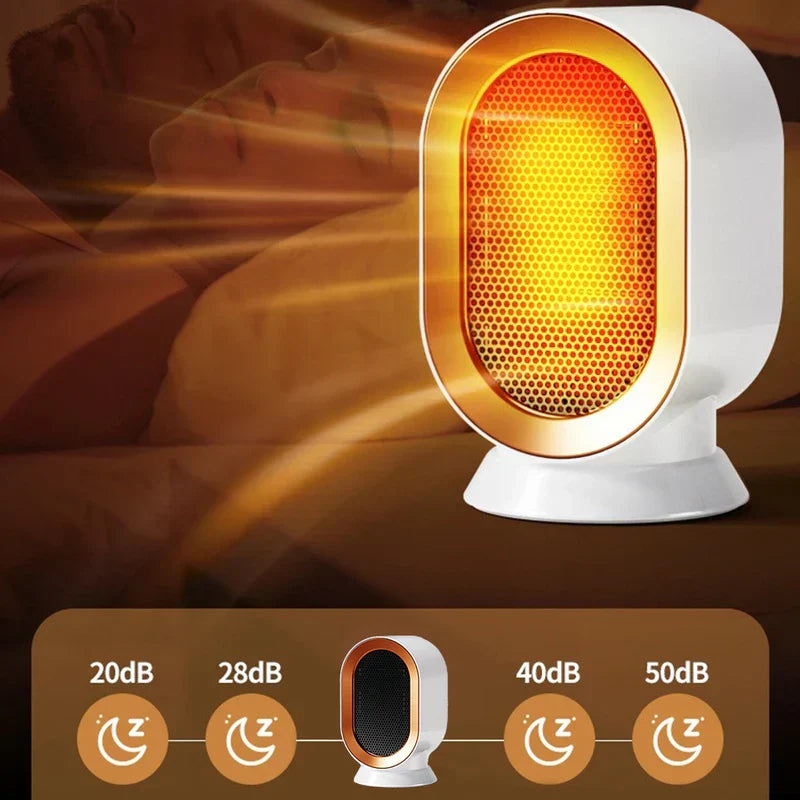 calefactor de ambiente - Calefactor en funcionamiento que emite luz cálida, mostrado con una escala de decibelios que indica su bajo nivel de ruido a 28dB, contra un fondo tenue y relajante
