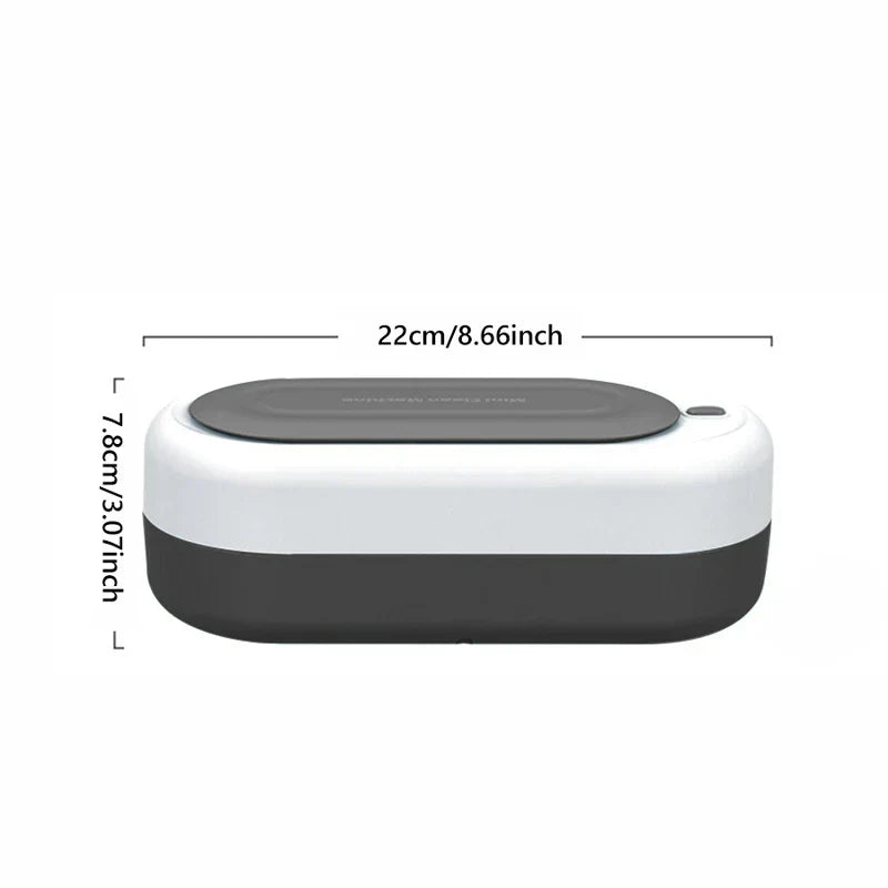 Ultrasonic Jewelry Cleaner - Portable ultrasonic cleaner with size dimensions marked 22cm length, 7.8cm height, in white and dark gray