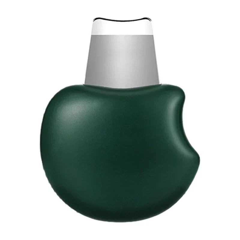 Skin Scrubber Spatula - Front view of dark green compact mini skincare tool with silver metal spatula tip