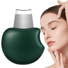 Skin Scrubber Spatula - Compact skincare tool shown next to a person with closed eyes preparing for facial treatment