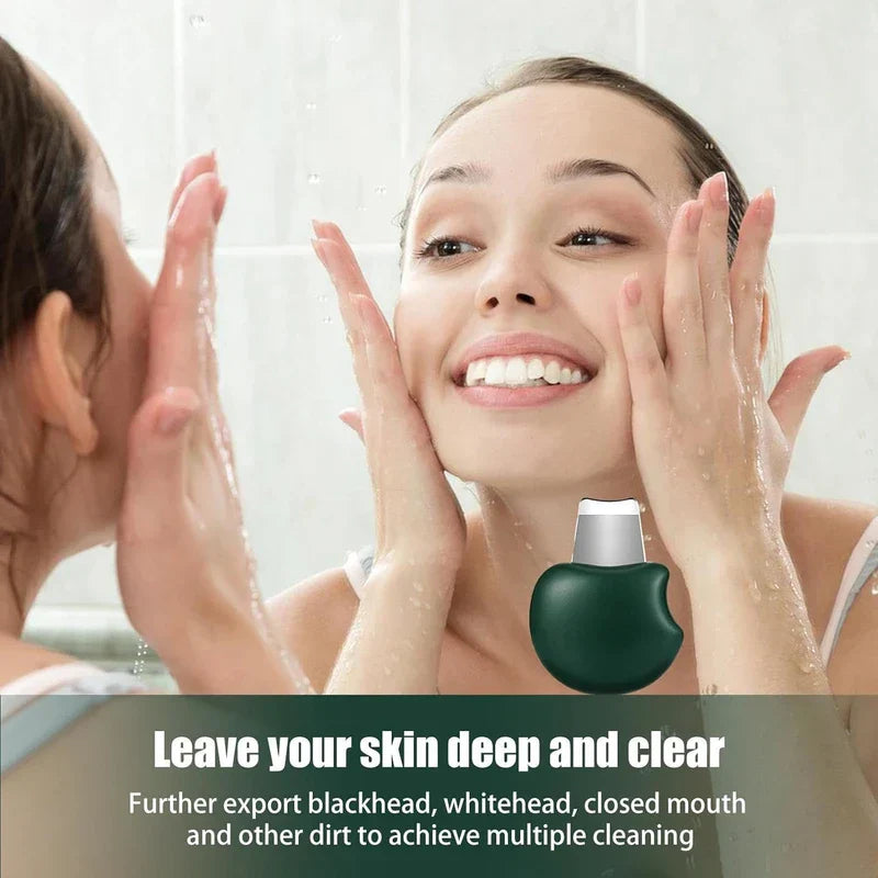Skin Scrubber Spatula - Small skincare tool displayed over a scene of a person washing their face at a bathroom mirror