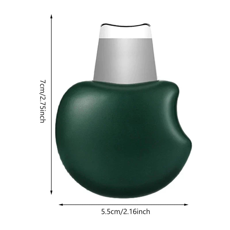 Skin Scrubber Spatula - Product size diagram, measuring 7cm tall and 5.5cm wide, with dark green body and silver top