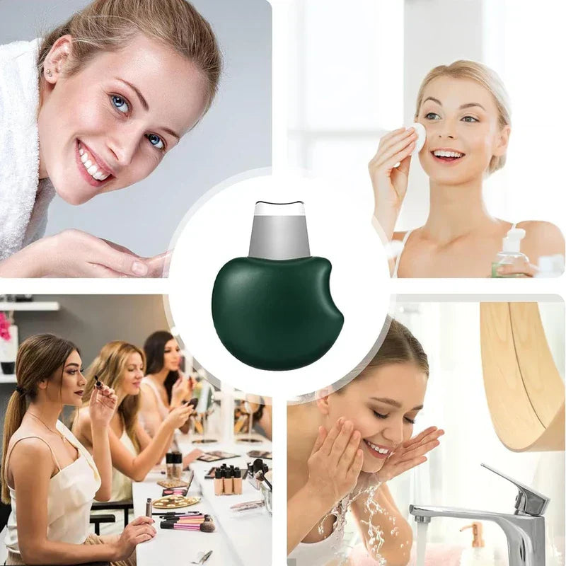 espátula exfoliadora para la piel - Producto centrado en un círculo blanco, rodeado de cuatro imágenes de mujeres relacionadas con el cuidado facial