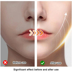 Skin Scrubber Spatula - Split-view of lower human face: left labeled Before use with red X, right labeled After use with green checkmark and upward line along jawline