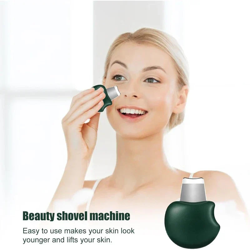 Skin Scrubber Spatula - Smiling woman holds small dark green handheld device to her cheek; same device shown separately, text identifies it as beauty shovel machine