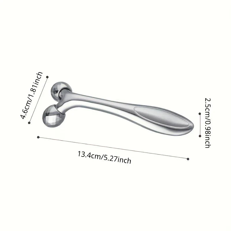 Face Slimmer - Silver dual-ball facial roller against a white background, with dimension labels in both centimeters and inches.