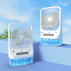 Air Cooler Fan - Two portable misting cooling fans displayed on tiered surfaces against a bright sky background