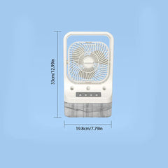 Air Cooler Fan - White portable misting fan shown with its height and width dimensions against a light blue background.