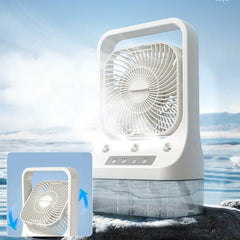 Air Cooler Fan - White portable misting fan on icy rock surface, with inset showing head tilt adjustment, cool sky background.
