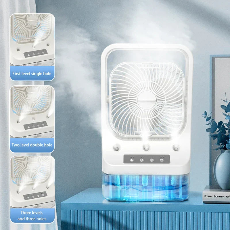ventilador enfriador de aire - Ventilador enfriador de aire portátil blanco en un estante azul, mostrando tres opciones de configuración de orificios de niebla a la izquierda, niebla saliendo del frente del ventilador