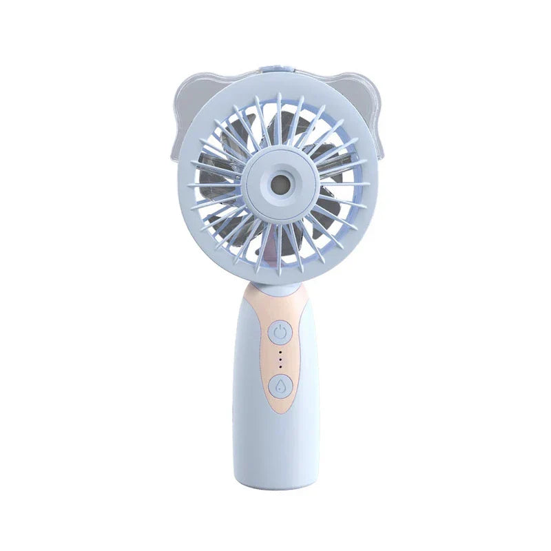 Humidifier - Front view of handheld 2-in-1 fan and mist unit with power and mist control buttons