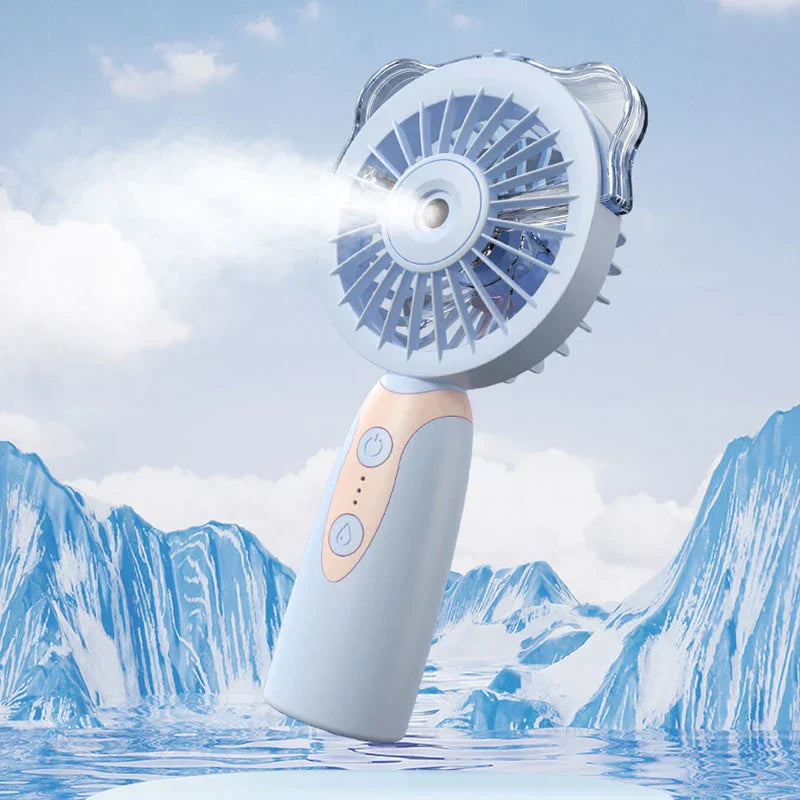 Humidifier - Handheld unit emitting fine mist against an icy water and mountain backdrop