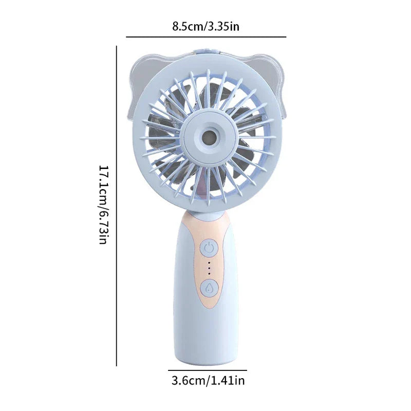 Humidifier - Handheld mist fan with dimension labels, showing front view of controls and cat-ear design