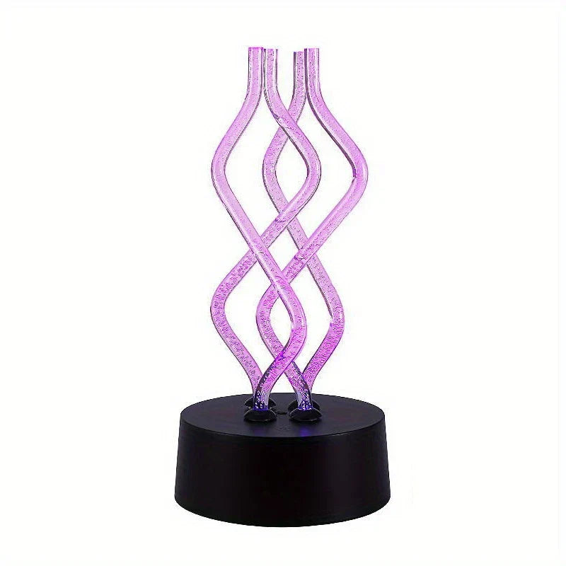 Lamp Led Table - Purple illuminated twisted acrylic lamp on black round base, studio shot against white background