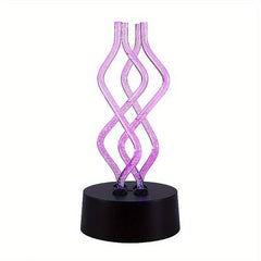 Lamp Led Table - Purple illuminated twisted acrylic lamp on black round base, studio shot against white background