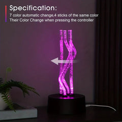 Lamp Led Table - Specification graphic showing magenta lit lamp, noting 7 automatic color change modes controlled via button