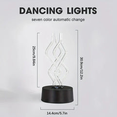 Lamp Led Table - Decorative lamp with three twisted clear tubes, labeled dimensions, and text stating seven-color automatic change.