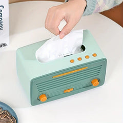 Tissue Box Cover - Mint green retro radio-style holder with a hand pulling a tissue from the top opening