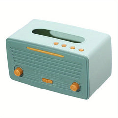 Taschentuchbox-Abdeckung - Retro-Radio-Stil Taschentuchbox in zweifarbigem hellen Mint und dunklerem Salbeigrün mit orangefarbenen Akzentknöpfen und -tasten