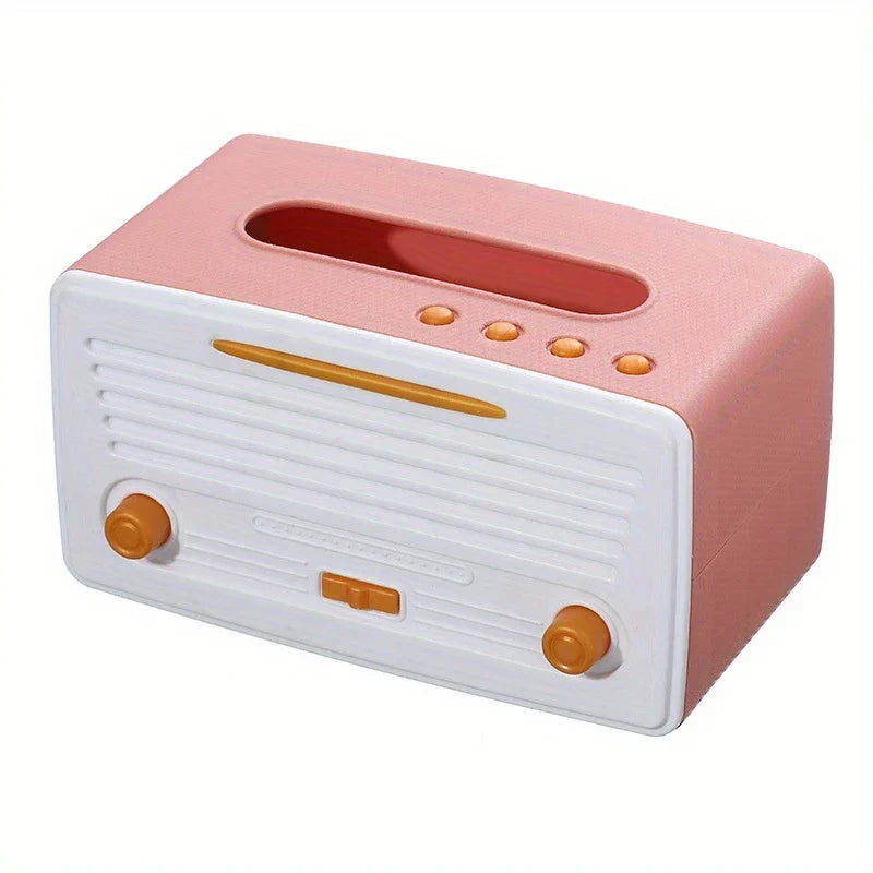 Tissue Box Cover - Retro radio-style two-tone pink and white rectangular holder with top tissue slot and orange accent details