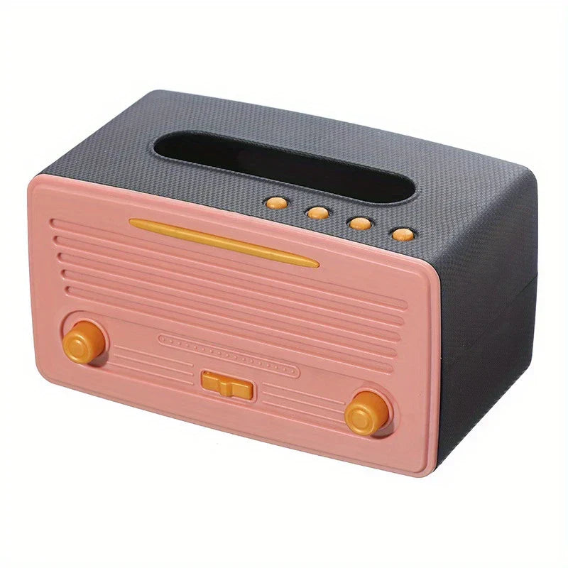 Taschentuchbox-Abdeckung - Retro-Radio-Stil Taschentuchbox in zweifarbigem Dunkelgrau und Staubrosa mit orangefarbenen Akzentknöpfen und -tasten