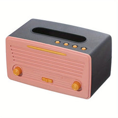 Taschentuchbox-Abdeckung - Retro-Radio-Stil Taschentuchbox in zweifarbigem Dunkelgrau und Staubrosa mit orangefarbenen Akzentknöpfen und -tasten