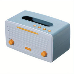 Taschentuchbox-Abdeckung - Retro-Radio-Stil Taschentuchbox in zweifarbigem Hellblau und Hellgrau mit orangefarbenen Akzentknöpfen und -tasten