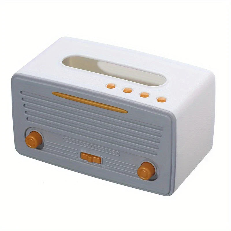 Taschentuchbox-Abdeckung - Retro-Radio-förmige Taschentuchbox, weißer Körper mit grauer Frontplatte, orangefarbene dekorative Knöpfe, Tasten und Akzente, mit einem oberen Taschentuchschlitz
