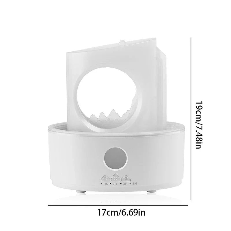 Cool Mist Humidifier Diffuser - White humidifier/aroma diffuser unit shown with dimension labels, front view.