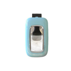Wearable Mosquito Repellent - Light blue clip-on device with black top clip and transparent front window, front view
