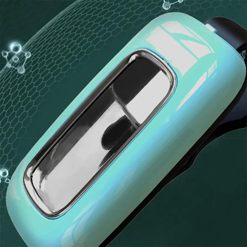 Wearable Mosquito Repellent - Close-up angled view of a light blue portable spray bottle against a dark hexagonal pattern background