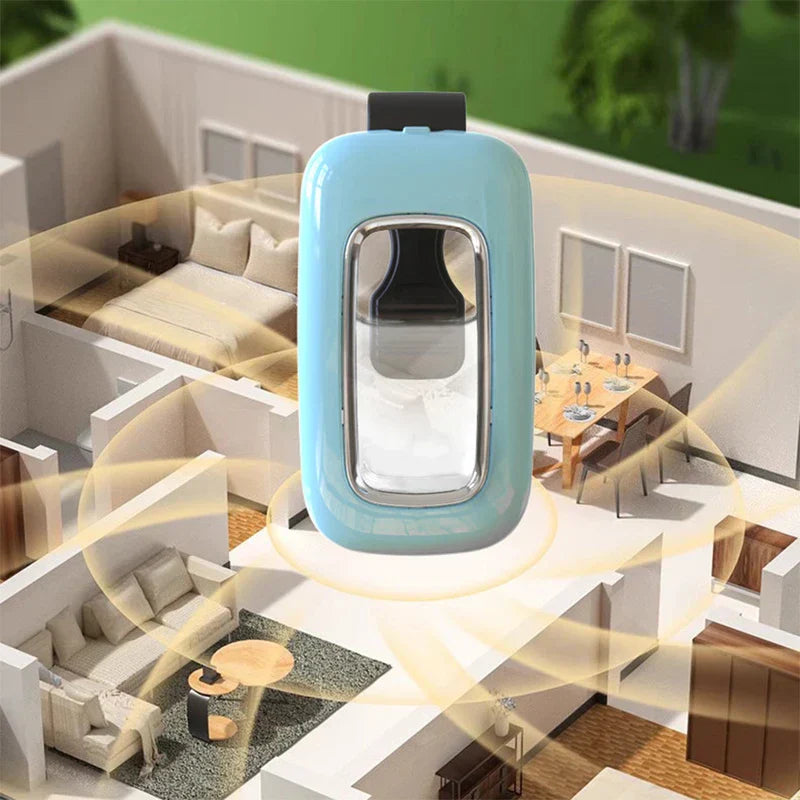Wearable Mosquito Repellent - Light blue clip-on liquid device with transparent viewing window, displayed over a cutaway dollhouse-style home interior