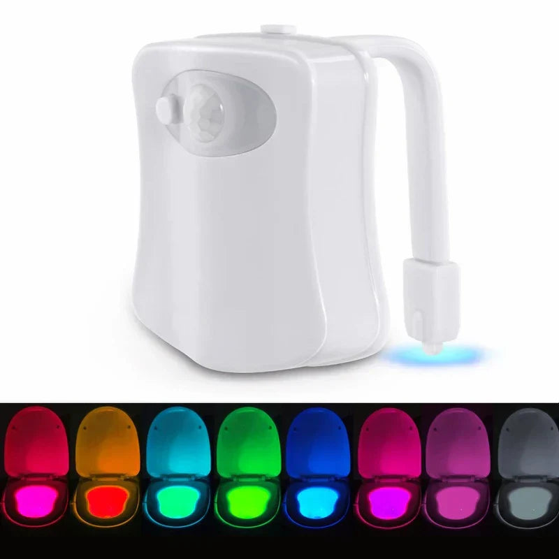 Luz nocturna con sensor de movimiento: unidad de luz para inodoro de plástico blanco que emite luz azul fría, con vistas previas de muestra de 8 opciones de color LED debajo del producto