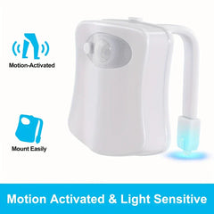 Motion Activated Night Light - White motion-activated toilet night light with flexible arm, lit cool blue LED; feature icons for motion detection and easy mounting.
